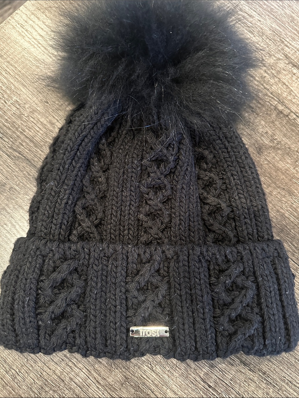 Frost Cable-Knit Real Fur Black Pom Beanie